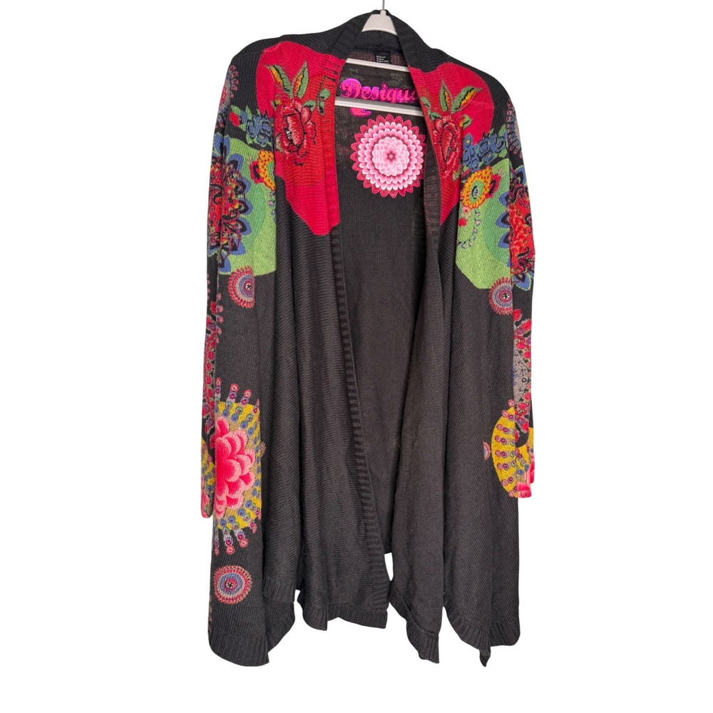 Desigual Floral Mandala Open Front Cardigan Grey Pink Wool Blend XL 57J21Q3